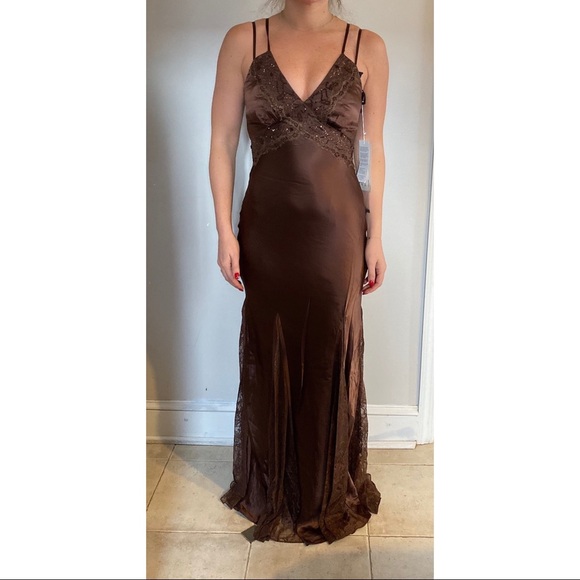 Jovani Silk Gown Brown with Scarf - Picture 1 of 7